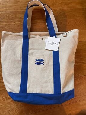 Lake & Trail Nautical Canvas Tote Blue Handles Fish Embroidery Beach Bag